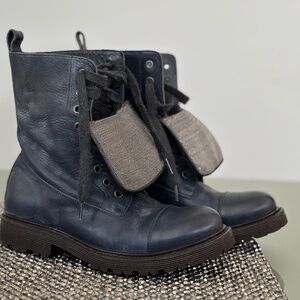 Brunello Cucinelli Navy Blue Distressed Rhinestone Embellished Combat Boots